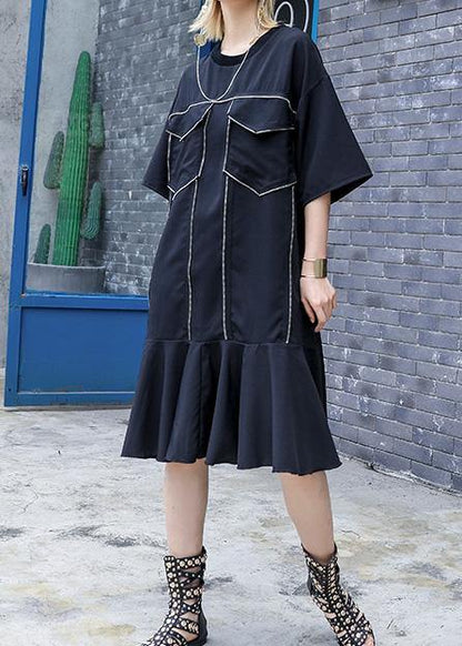 Italian O Neck Ruffles Silk Cotton Dresses Wardrobes Black Baggy Dress Summer