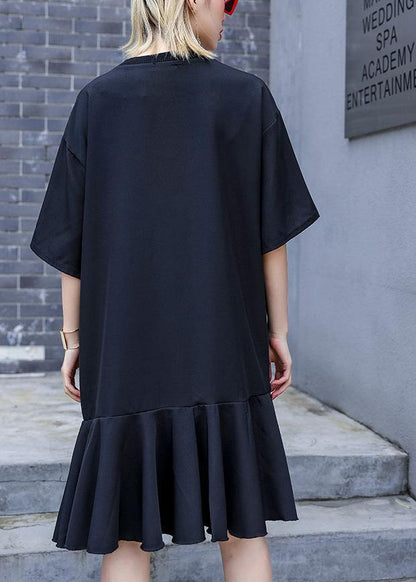 Italian O Neck Ruffles Silk Cotton Dresses Wardrobes Black Baggy Dress Summer