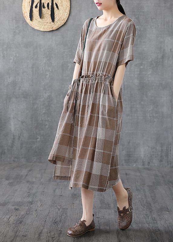 Italian O Neck Asymmetric Cotton Dresses Catwalk Khaki Plaid Dresses