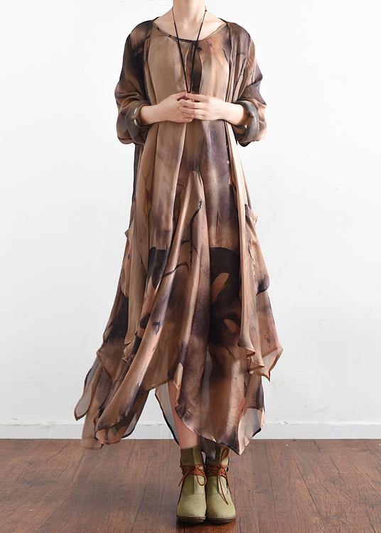 Italian O Neck Asymmetric Quilting Clothes Photography Khaki Print Traveling Dresses