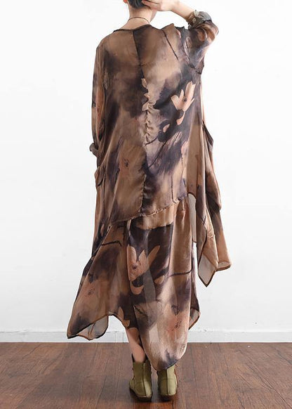Italian O Neck Asymmetric Quilting Clothes Photography Khaki Print Traveling Dresses