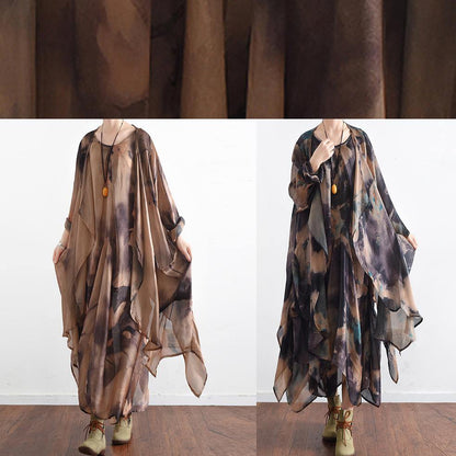 Italian O Neck Asymmetric Quilting Clothes Photography Khaki Print Traveling Dresses