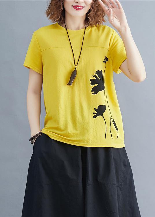 Italian O Neck Cotton Tunic Top Photography Yellow Print Shirts Summer