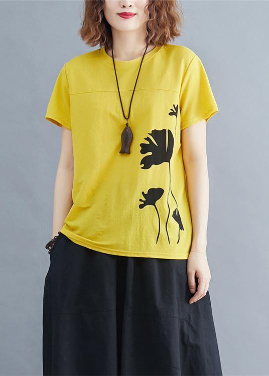 Italian O Neck Cotton Tunic Top Photography Yellow Print Shirts Summer