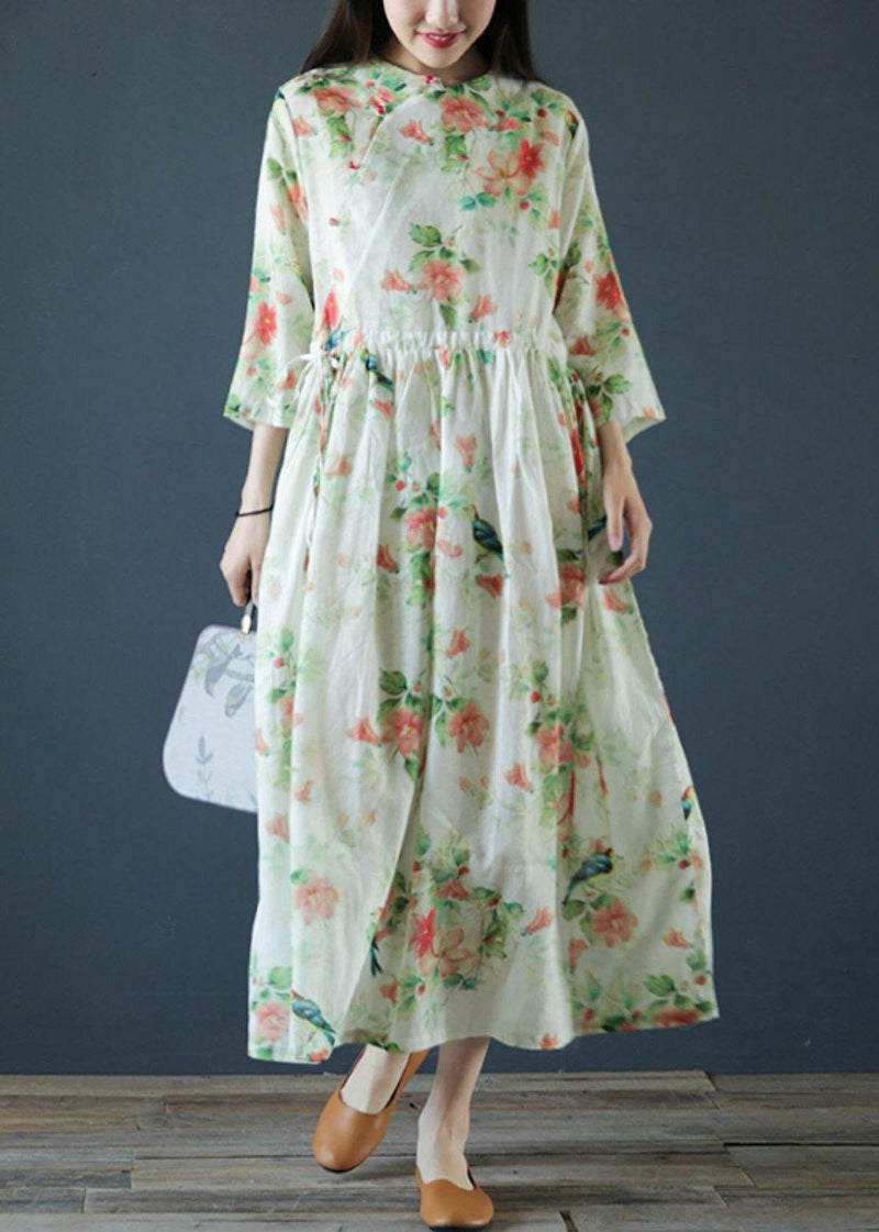 Italian O Neck Drawstring Linen Clothes for Inspiration Green Print Dresses