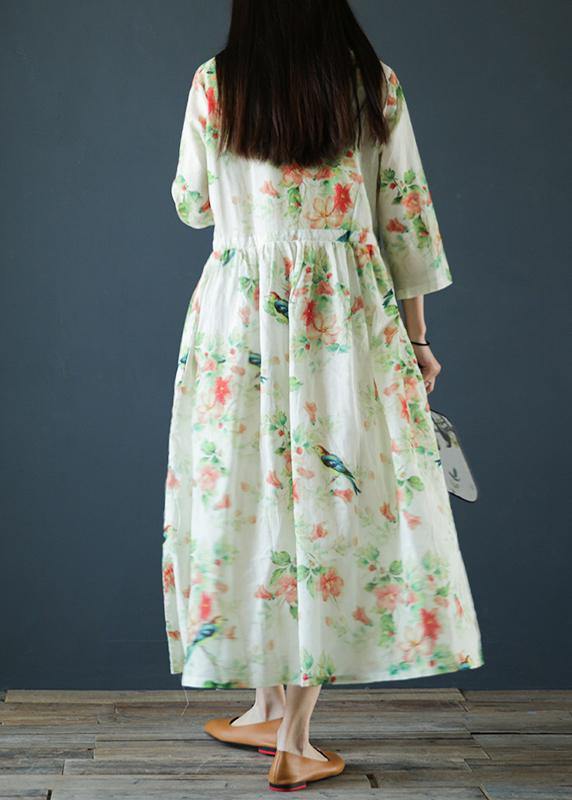 Italian O Neck Drawstring Linen Clothes for Inspiration Green Print Dresses