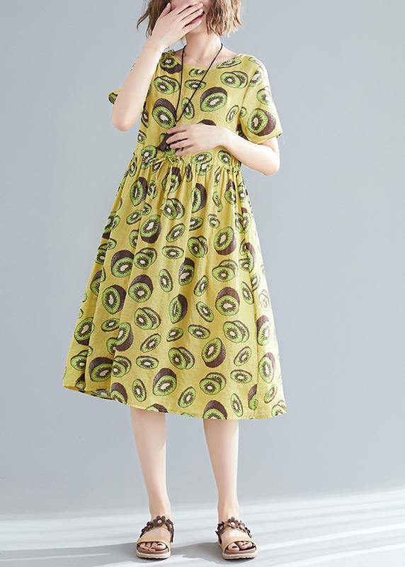 Italian O Neck Drawstring Linen Cotton Dress Outfits Yellow Print Daily Dress Summer