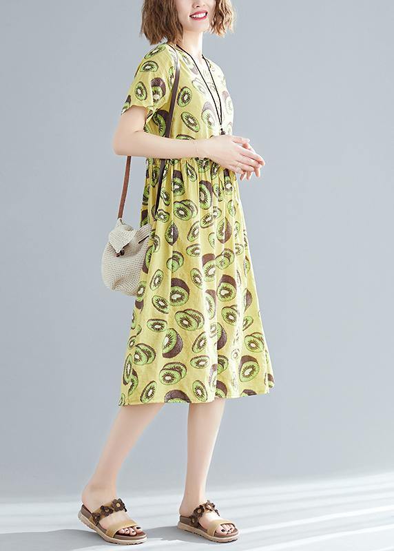 Italian O Neck Drawstring Linen Cotton Dress Outfits Yellow Print Daily Dress Summer
