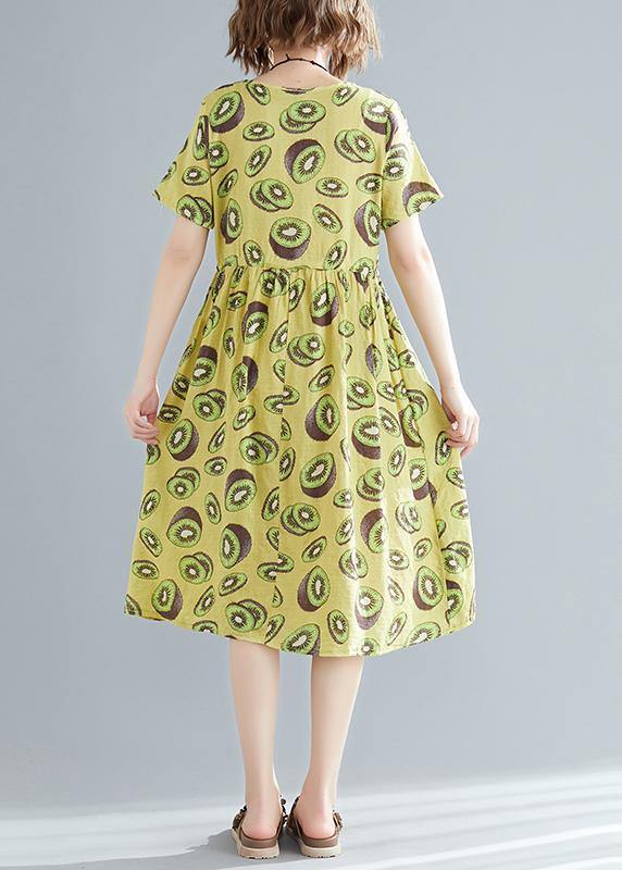 Italian O Neck Drawstring Linen Cotton Dress Outfits Yellow Print Daily Dress Summer