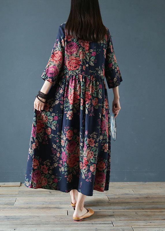 Italian O Neck Half Sleeve Cotton Clothes Neckline Blue Print Loose Dresses