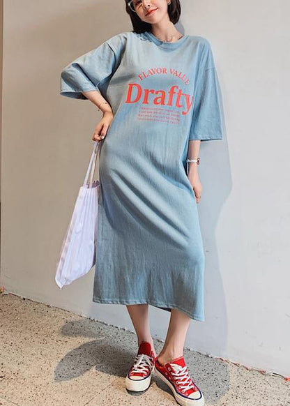 Italian O Neck Half Sleeve Dress Work Blue Letter Robe Dresses
