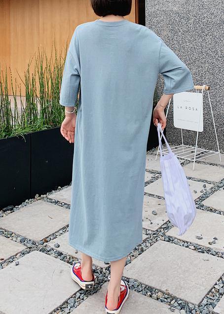 Italian O Neck Half Sleeve Dress Work Blue Letter Robe Dresses