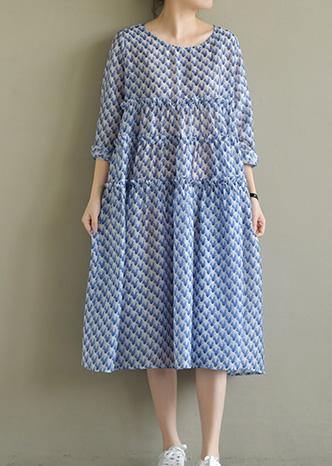 Italian O Neck Large Hem Chiffon Dress Fine Wardrobes Blue Print Art Dress Summer