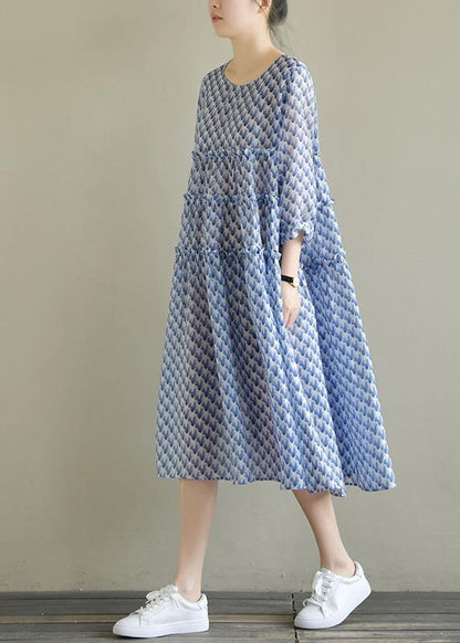 Italian O Neck Large Hem Chiffon Dress Fine Wardrobes Blue Print Art Dress Summer