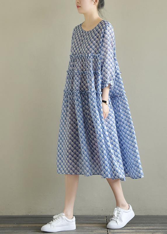 Italian O Neck Large Hem Chiffon Dress Fine Wardrobes Blue Print Art Dress Summer