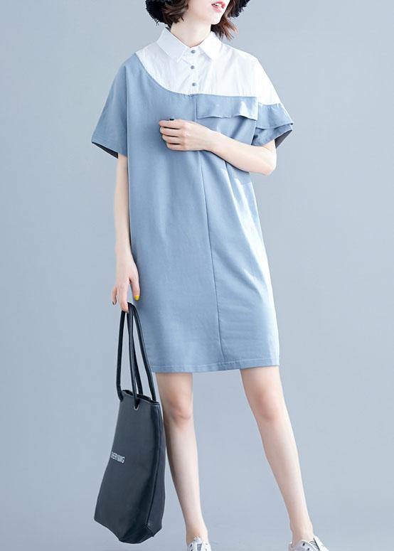 Italian O Neck Patchwork Cotton Tunics Light Blue Dress Summer