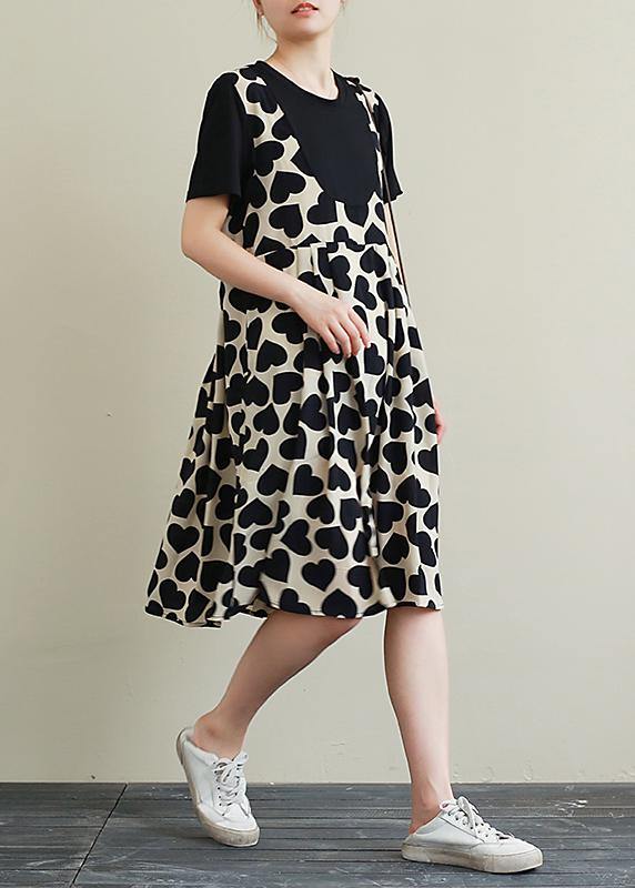Italian O Neck Patchwork Tunics Catwalk Black Heart Print Dress