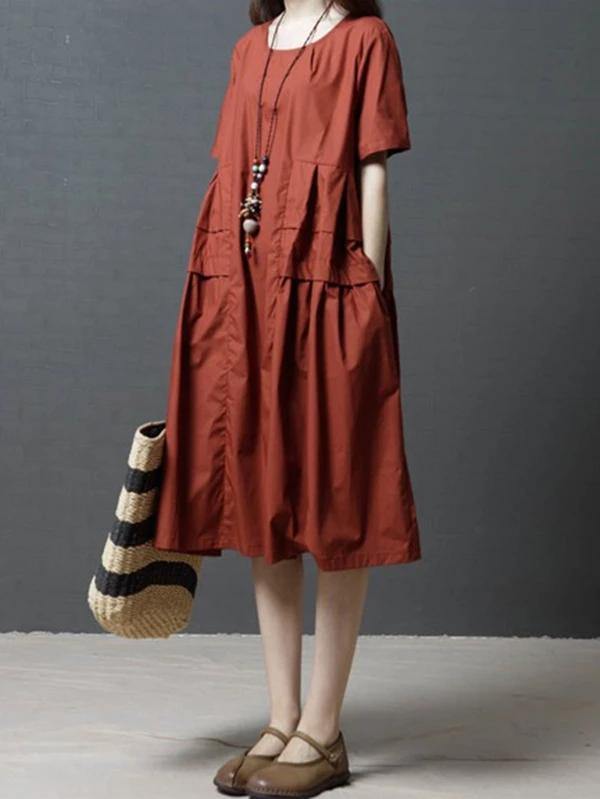 Italian O Neck Pockets Cotton Clothes for Outfits Red Dress