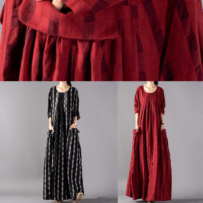 Italian O Neck Pockets Linen Clothes Runway Black Plaid Dresses Fall