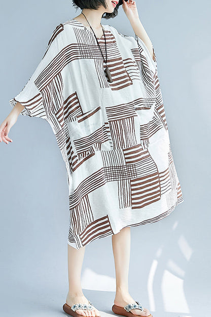 Italian O Neck Pockets Chiffon Quilting Clothes Runway Brown Oversized Dress Summer