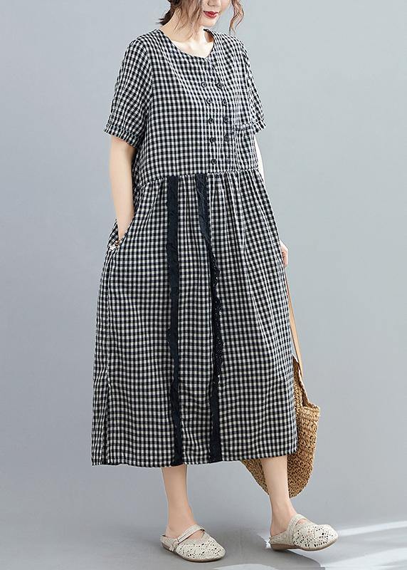Italian O Neck Side Open Linen Long Wardrobes Black Plaid Dresses