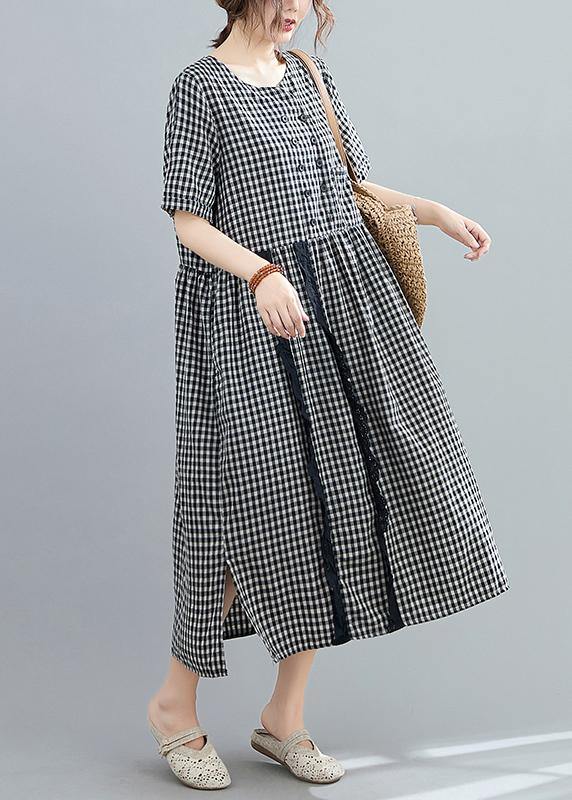 Italian O Neck Side Open Linen Long Wardrobes Black Plaid Dresses