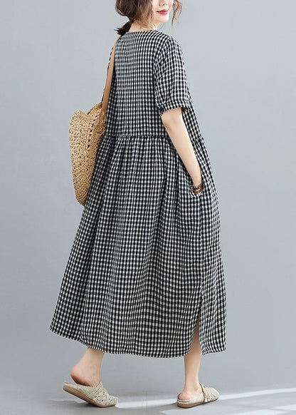 Italian O Neck Side Open Linen Long Wardrobes Black Plaid Dresses
