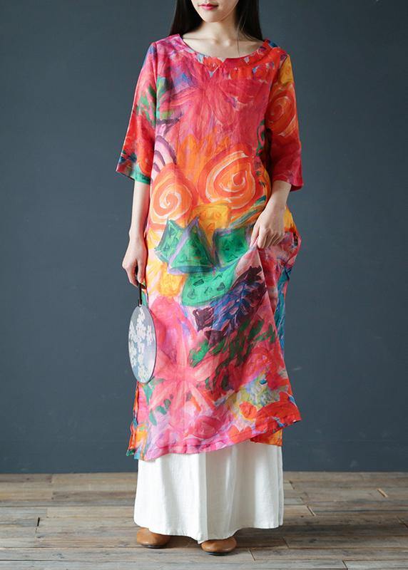 Italian Orange Print Linen Clothes for O Neck Half Sleeve Kaftan Summer Dresses