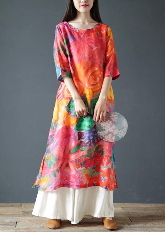 Italian Orange Print Linen Clothes for O Neck Half Sleeve Kaftan Summer Dresses