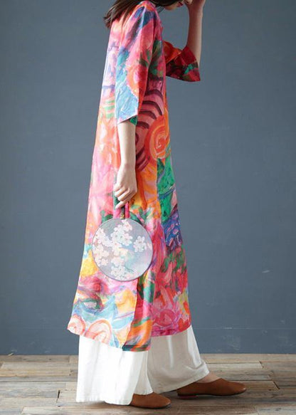 Italian Orange Print Linen Clothes for O Neck Half Sleeve Kaftan Summer Dresses