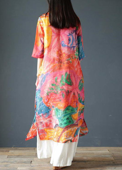 Italian Orange Print Linen Clothes for O Neck Half Sleeve Kaftan Summer Dresses