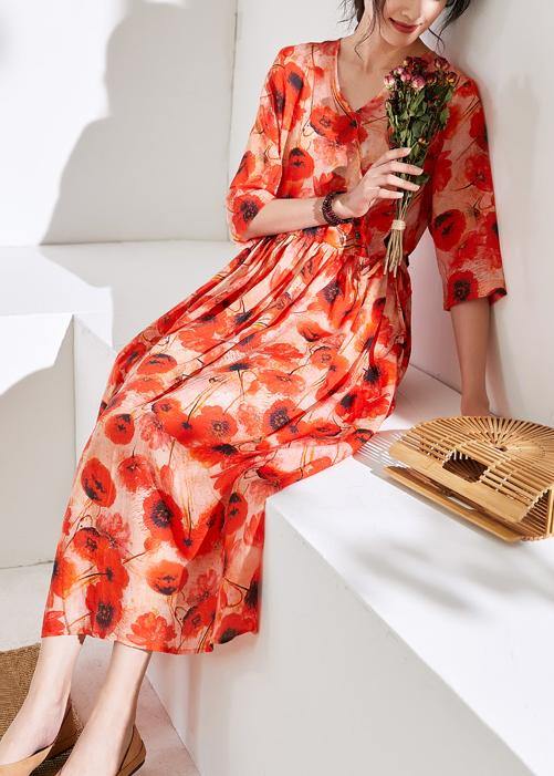 Italian Orange Print Linen Dress V Neck Patchwork Long Dress