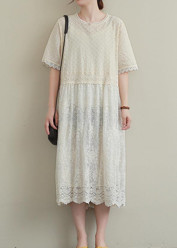Italian Patchwork Hollow Out Cotton Clothes Outfits Beige Embroidery Dresses