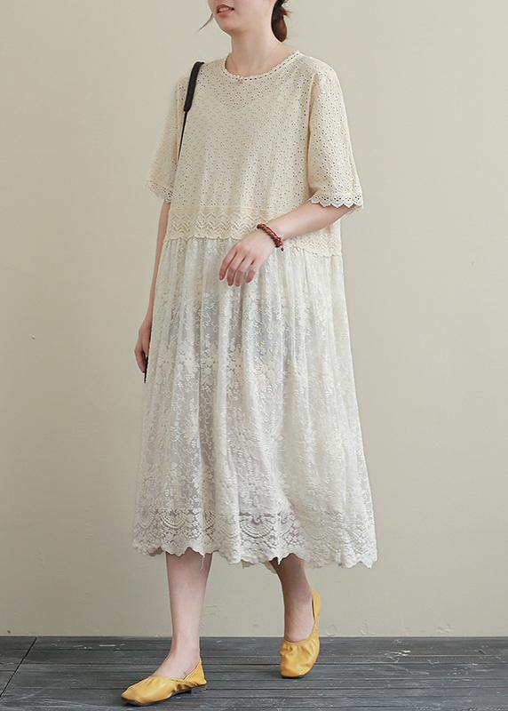 Italian Patchwork Hollow Out Cotton Clothes Outfits Beige Embroidery Dresses