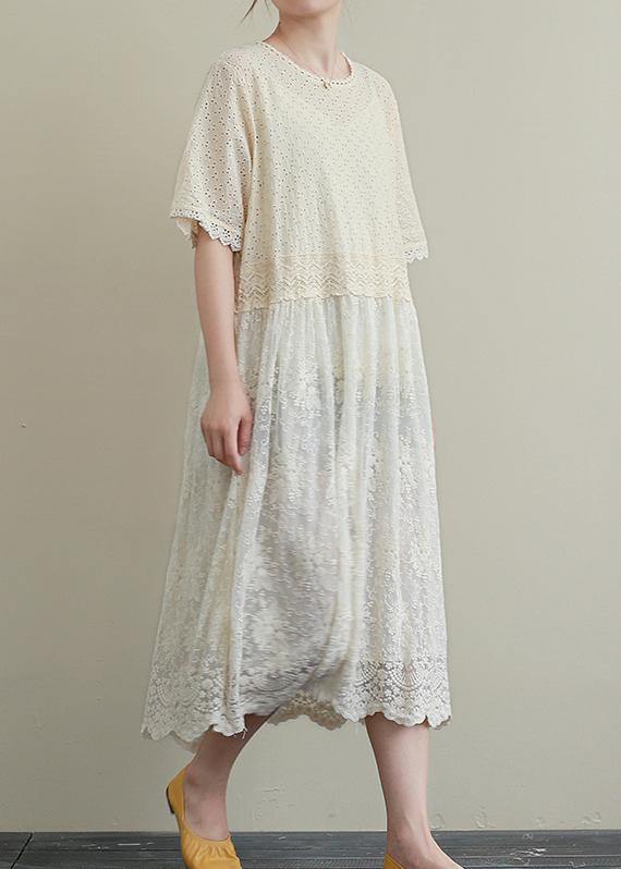Italian Patchwork Hollow Out Cotton Clothes Outfits Beige Embroidery Dresses