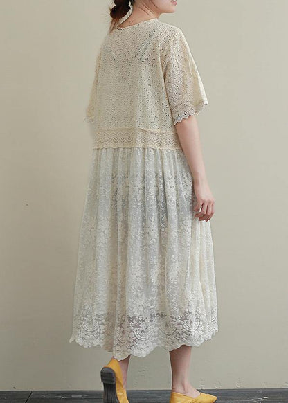 Italian Patchwork Hollow Out Cotton Clothes Outfits Beige Embroidery Dresses