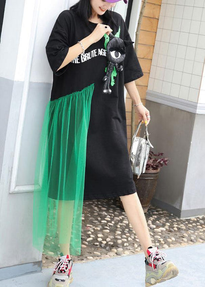 Italian Patchwork Tulle Cotton Tunics Wardrobes Black Prints Long Dress Summer