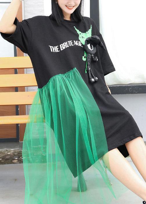 Italian Patchwork Tulle Cotton Tunics Wardrobes Black Prints Long Dress Summer
