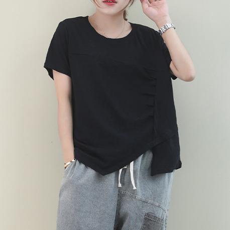 Italian Pink Cotton Clothes for O Neck Asymmetric Baggy Blouse