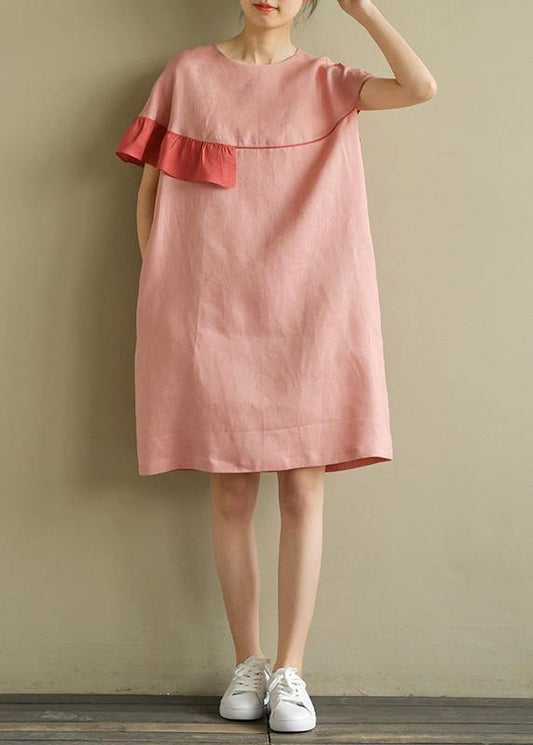 Italian Pink Linen Wardrobes O Neck Patchwork Baggy Summer Dress
