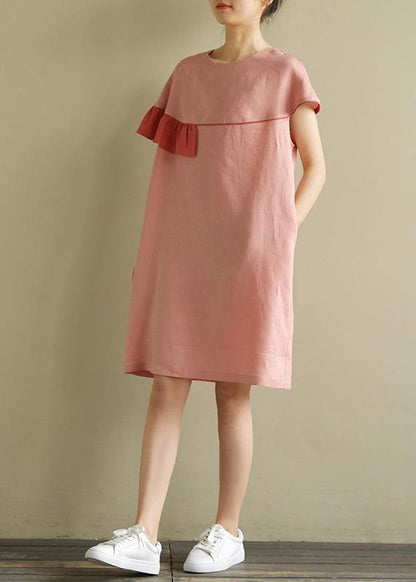 Italian Pink Linen Wardrobes O Neck Patchwork Baggy Summer Dress