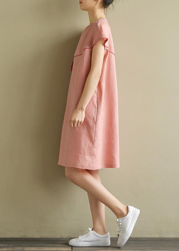 Italian Pink Linen Wardrobes O Neck Patchwork Baggy Summer Dress