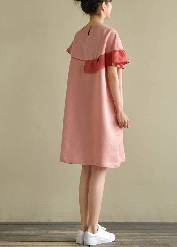Italian Pink Linen Wardrobes O Neck Patchwork Baggy Summer Dress