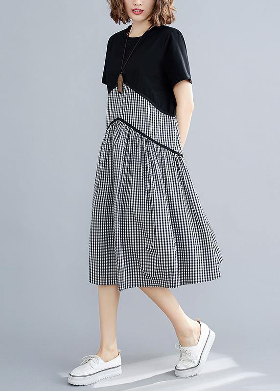 Italian Plaid Cotton Linen Clothes O Neck Patchwork Loose Summer Dress
