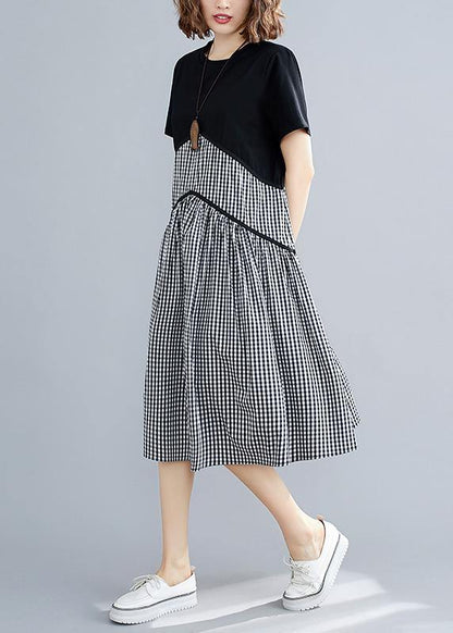 Italian Plaid Cotton Linen Clothes O Neck Patchwork Loose Summer Dress