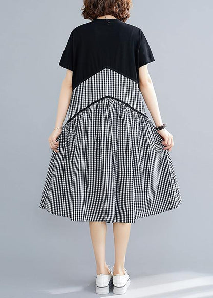 Italian Plaid Cotton Linen Clothes O Neck Patchwork Loose Summer Dress