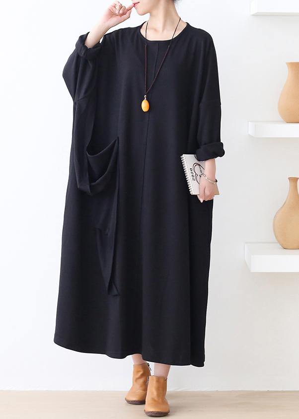 Italian Pockets O Neck Clothes for Work Outfits Black Robes Dresses