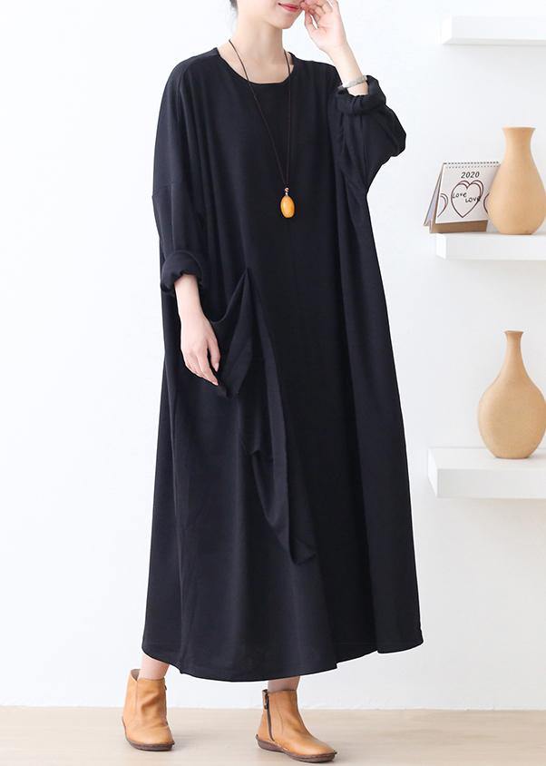 Italian Pockets O Neck Clothes for Work Outfits Black Robes Dresses