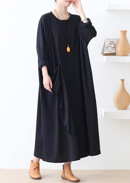 Italian Pockets O Neck Clothes for Work Outfits Black Robes Dresses