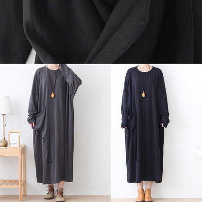 Italian Pockets O Neck Clothes for Work Outfits Black Robes Dresses